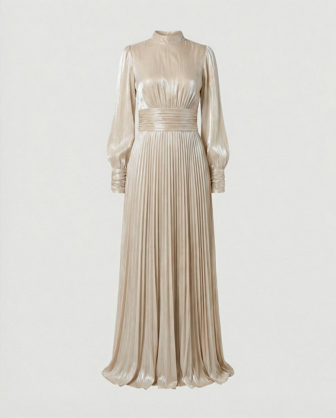 Pleated Maxi Dress with Ruched Waist and High Neck for Women