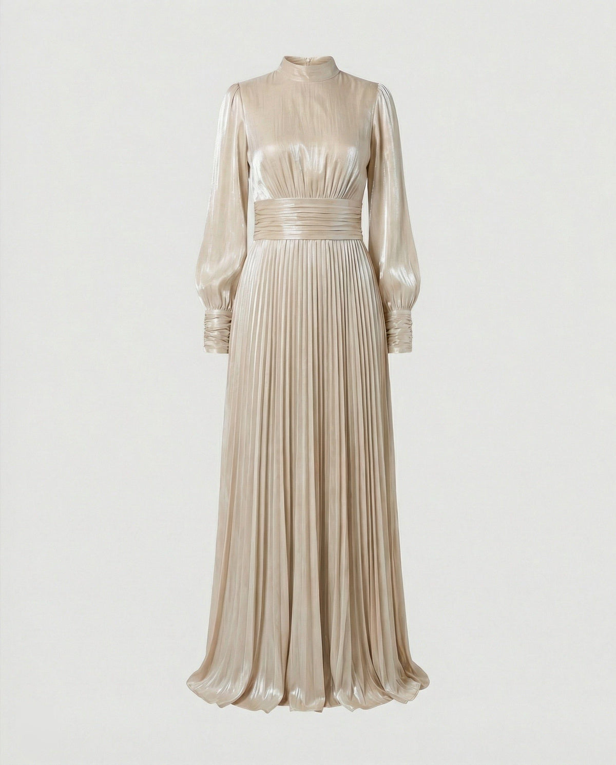 Pleated Maxi Dress with Ruched Waist and High Neck for Women - Beige