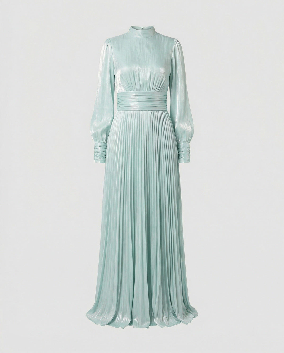 Pleated Maxi Dress with Ruched Waist and High Neck for Women - Light Blue