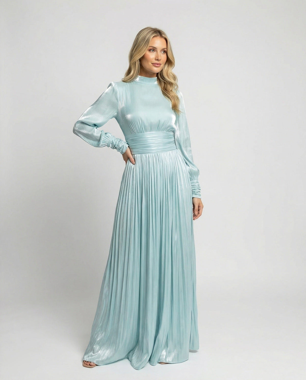 Pleated Maxi Dress with Ruched Waist and High Neck for Women - View 4