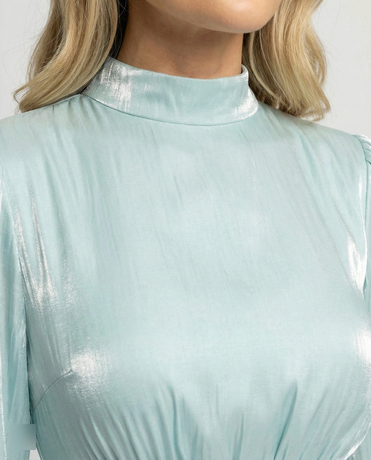 Pleated Maxi Dress with Ruched Waist and High Neck for Women - View 5