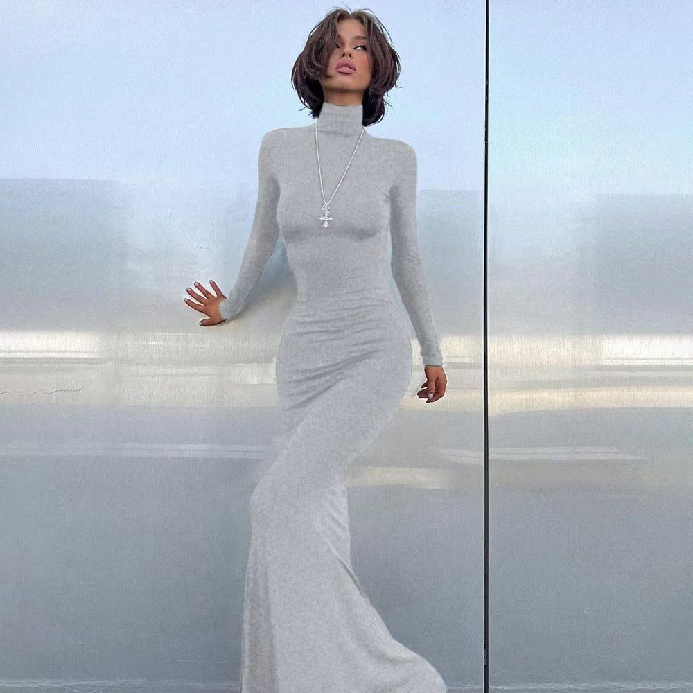 Long Sleeve Roll Neck Wedding Guest Maxi Dress for Women - Grey