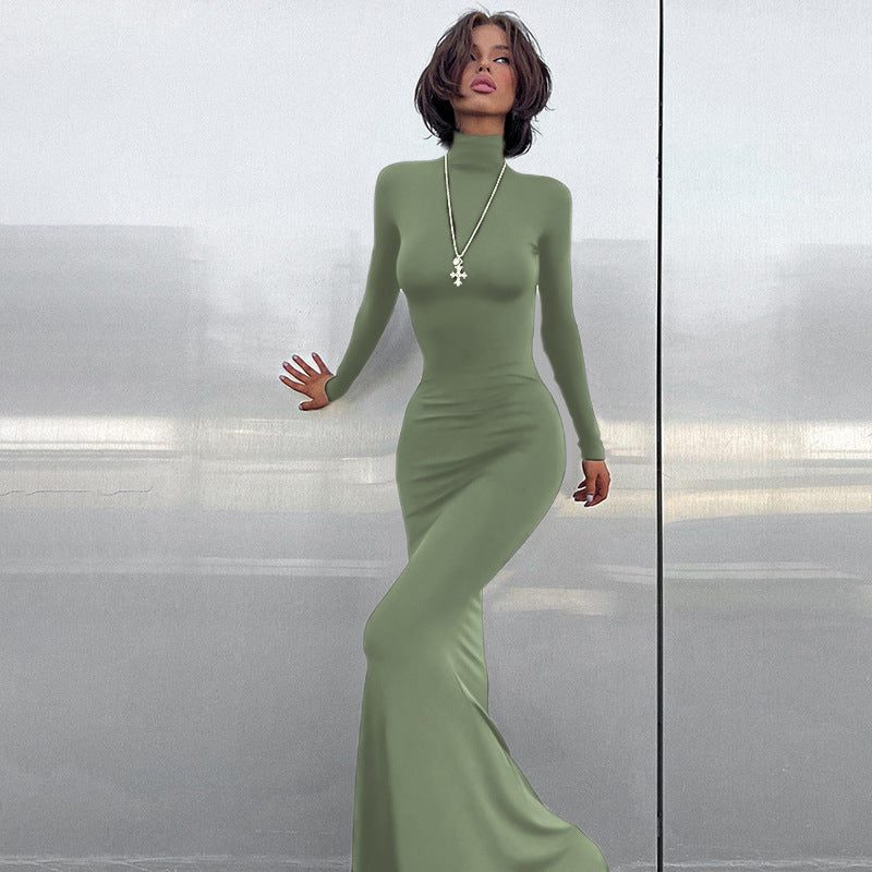 Long Sleeve Roll Neck Wedding Guest Maxi Dress for Women - Green