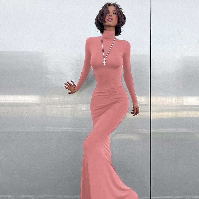 Long Sleeve Roll Neck Wedding Guest Maxi Dress for Women - Pink