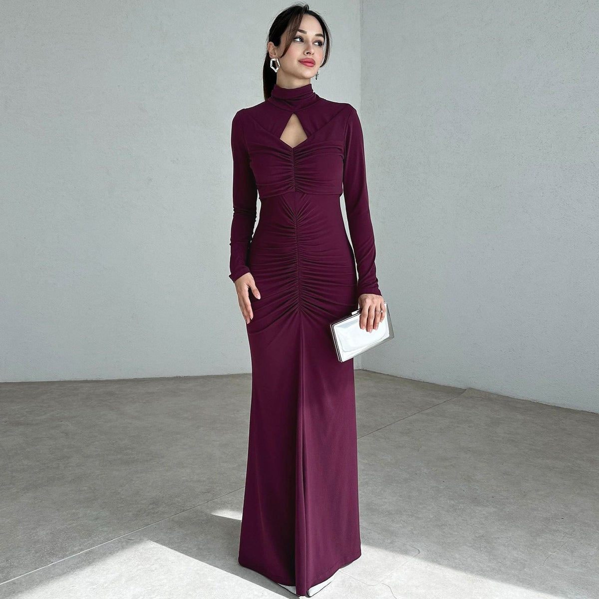 Long Sleeve Ruched Wedding Guest Maxi Dress for Women - Lilac