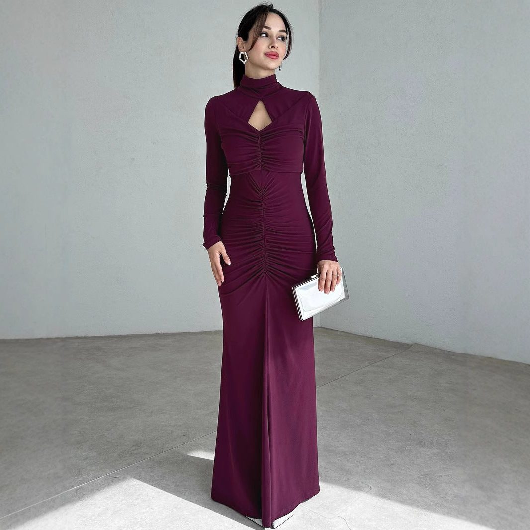 Long Sleeve Ruched Wedding Guest Maxi Dress for Women