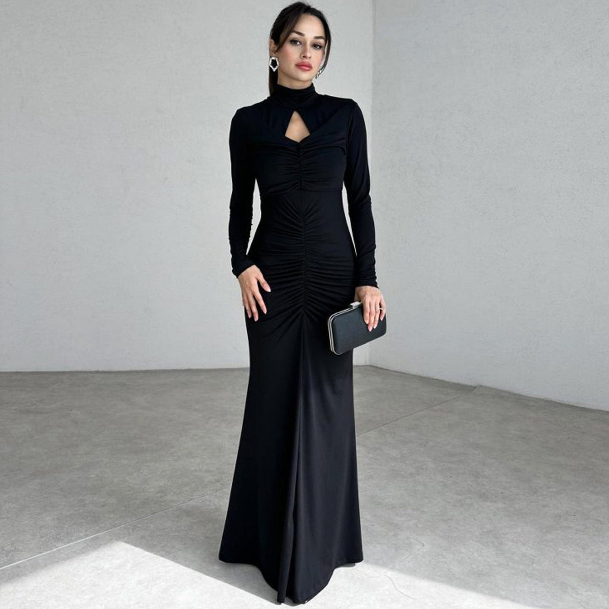 Long Sleeve Ruched Wedding Guest Maxi Dress for Women - Black