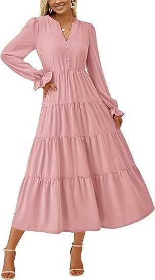 Long Sleeve Wedding Guest Tiered Maxi Dress for Women - Pink