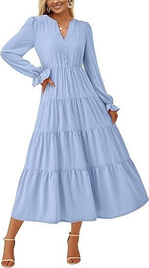 Long Sleeve Wedding Guest Tiered Maxi Dress for Women - Light Blue