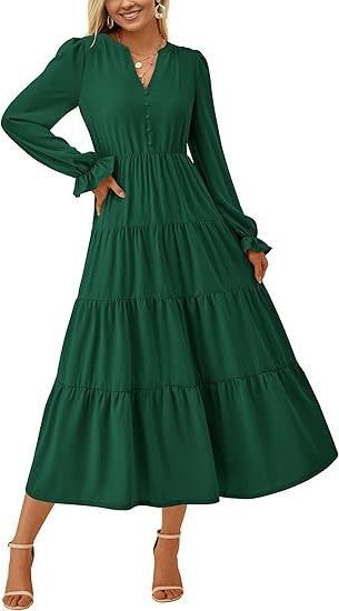 Long Sleeve Wedding Guest Tiered Maxi Dress for Women - Green
