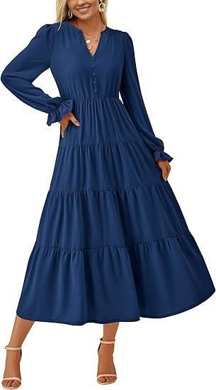 Long Sleeve Wedding Guest Tiered Maxi Dress for Women - Dark Blue