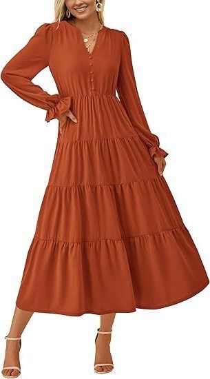 Long Sleeve Wedding Guest Tiered Maxi Dress for Women - Light Brown