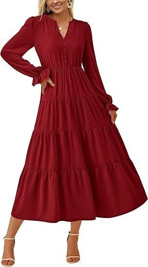 Long Sleeve Wedding Guest Tiered Maxi Dress for Women - Burgundy