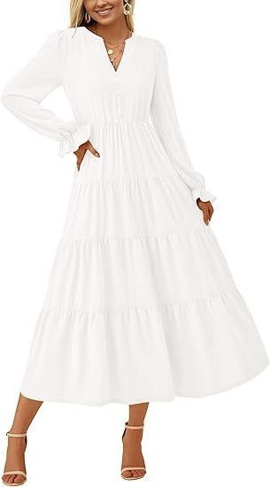 Long Sleeve Wedding Guest Tiered Maxi Dress for Women - White