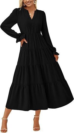 Long Sleeve Wedding Guest Tiered Maxi Dress for Women - Black