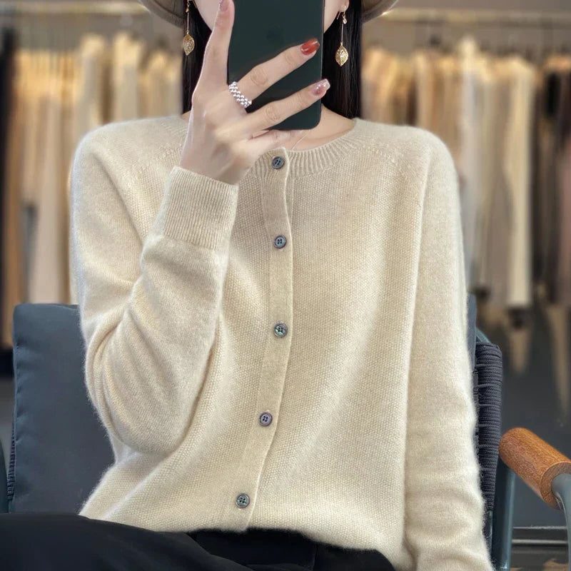 Long Sleeve Wool Cardigan with Ribbed Cuffs for Women