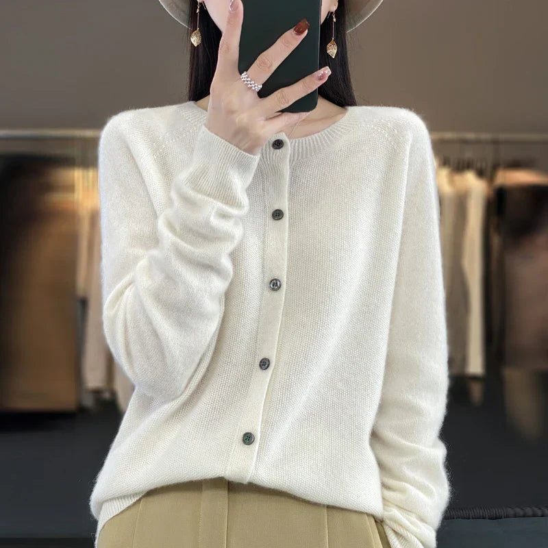 Long Sleeve Wool Cardigan with Ribbed Cuffs for Women - White