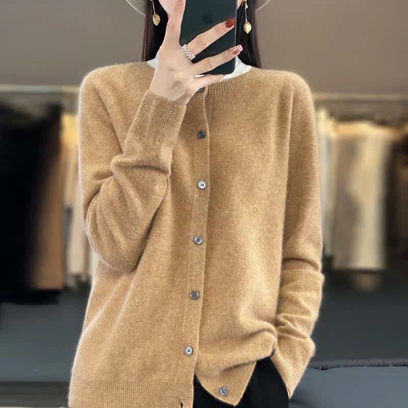 Long Sleeve Wool Cardigan with Ribbed Cuffs for Women - Brown
