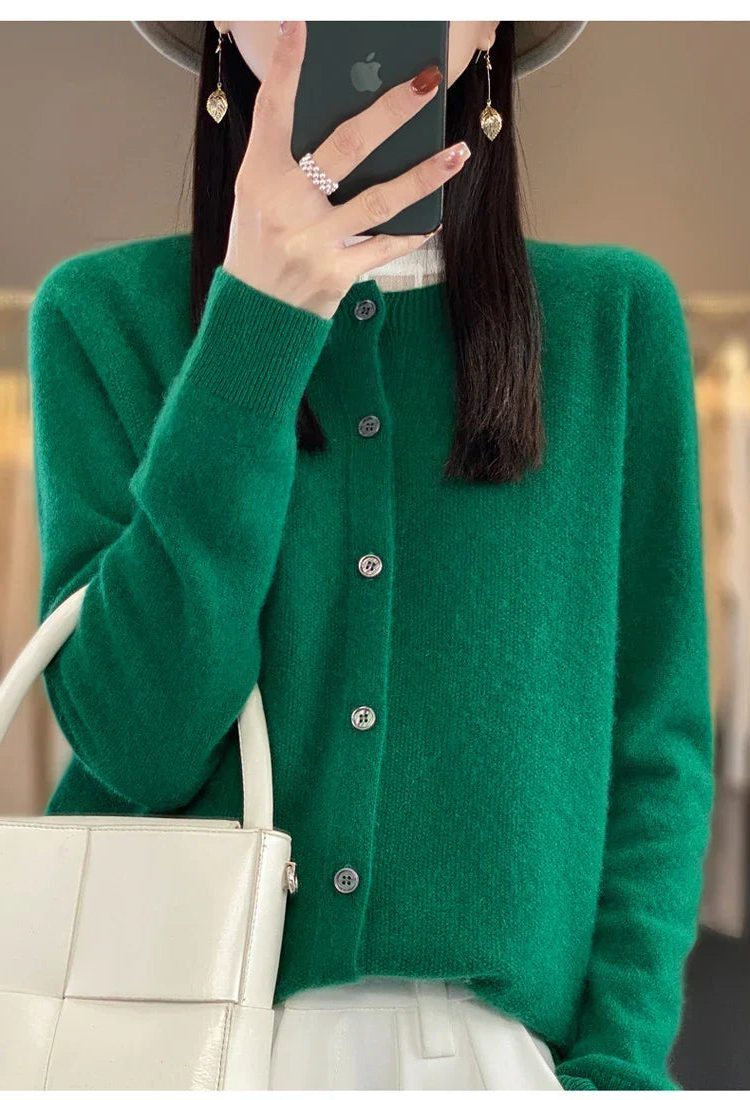 Long Sleeve Wool Cardigan with Ribbed Cuffs for Women - Green
