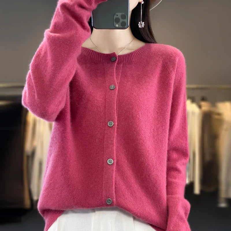 Long Sleeve Wool Cardigan with Ribbed Cuffs for Women - Pink