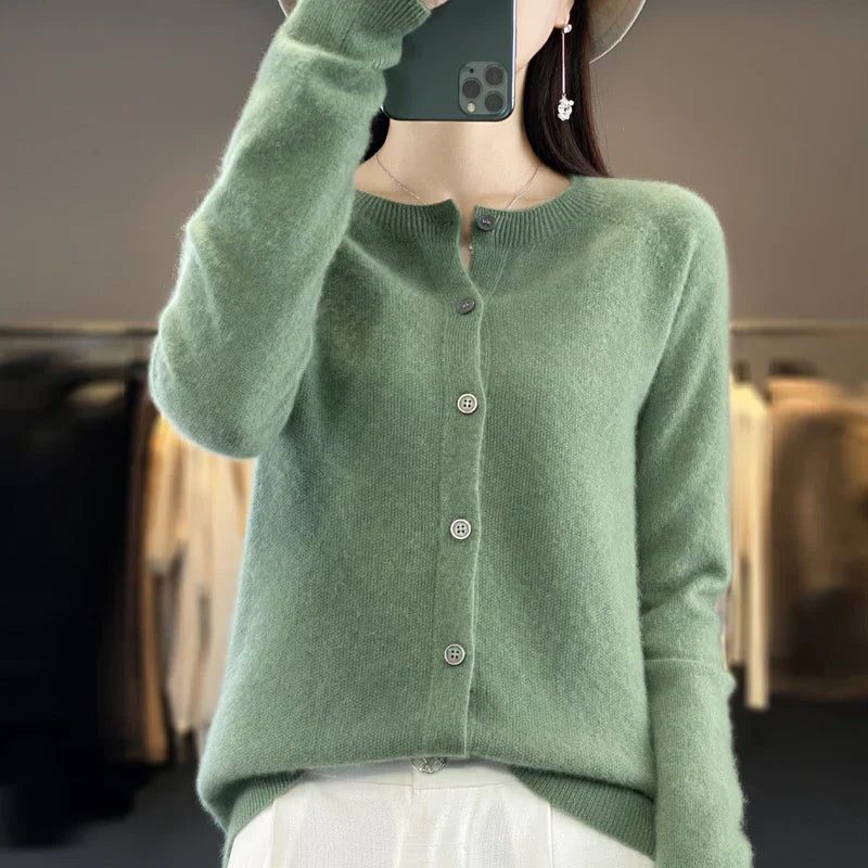 Long Sleeve Wool Cardigan with Ribbed Cuffs for Women - Light green