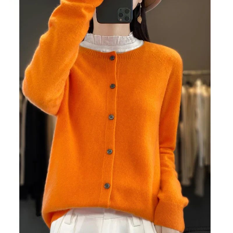 Long Sleeve Wool Cardigan with Ribbed Cuffs for Women - Orange