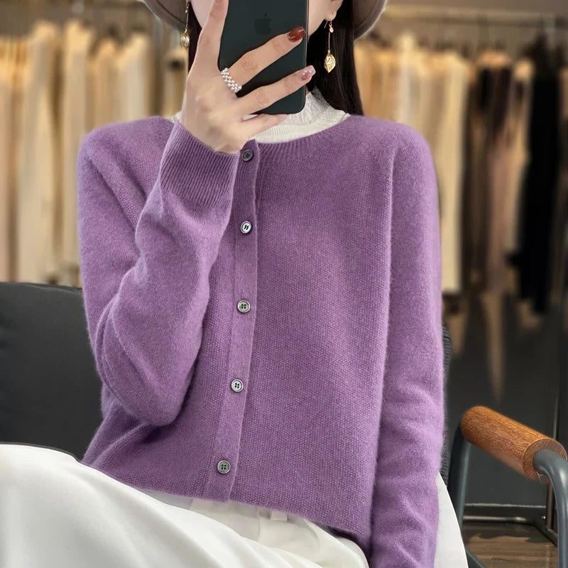 Long Sleeve Wool Cardigan with Ribbed Cuffs for Women - Purple