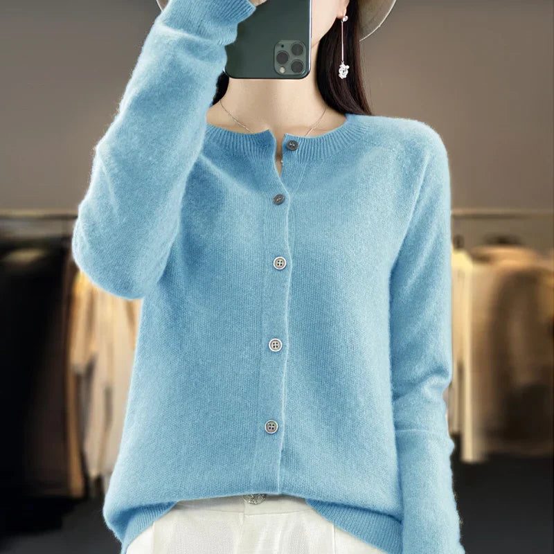 Long Sleeve Wool Cardigan with Ribbed Cuffs for Women - Blue