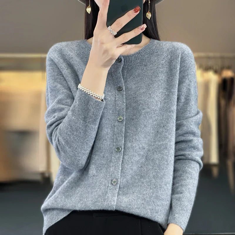 Long Sleeve Wool Cardigan with Ribbed Cuffs for Women - Grey