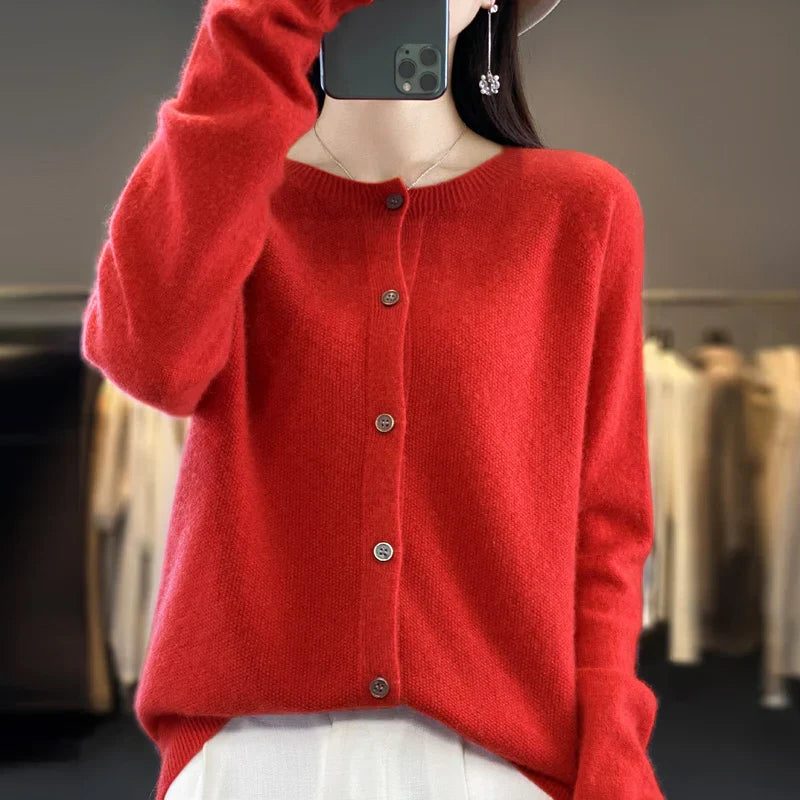 Long Sleeve Wool Cardigan with Ribbed Cuffs for Women - Red