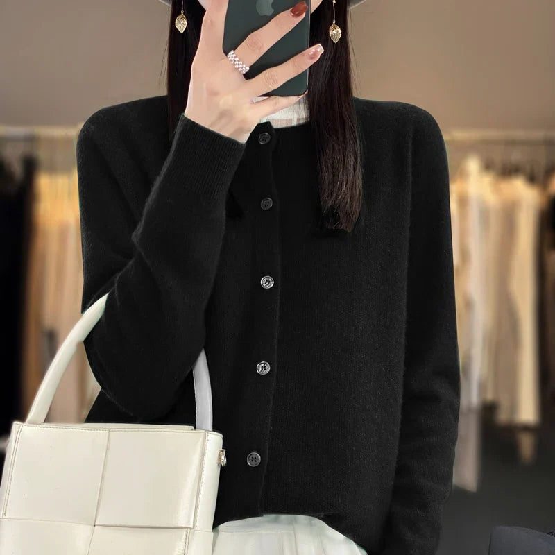 Long Sleeve Wool Cardigan with Ribbed Cuffs for Women - Black