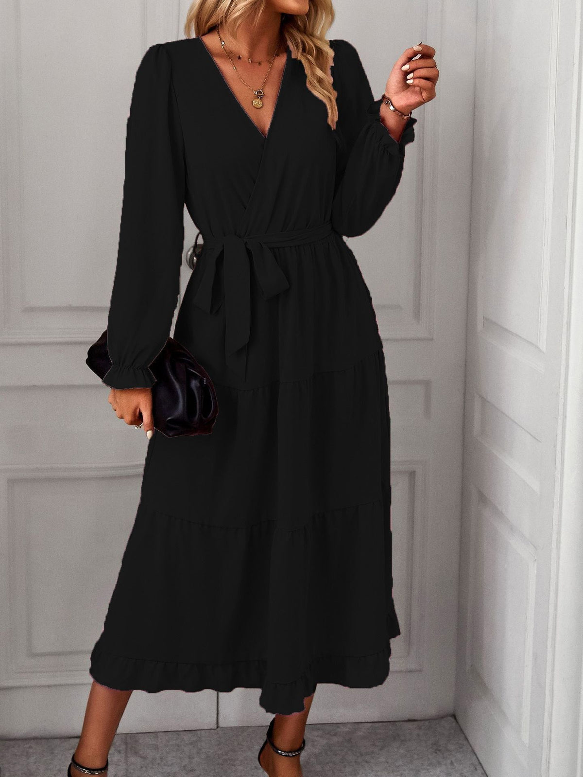 Long Sleeve Wrap Midi Dress Wedding Guest for Women - Black