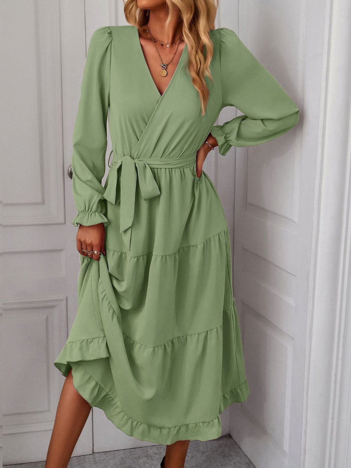 Long Sleeve Wrap Midi Dress Wedding Guest for Women - Green
