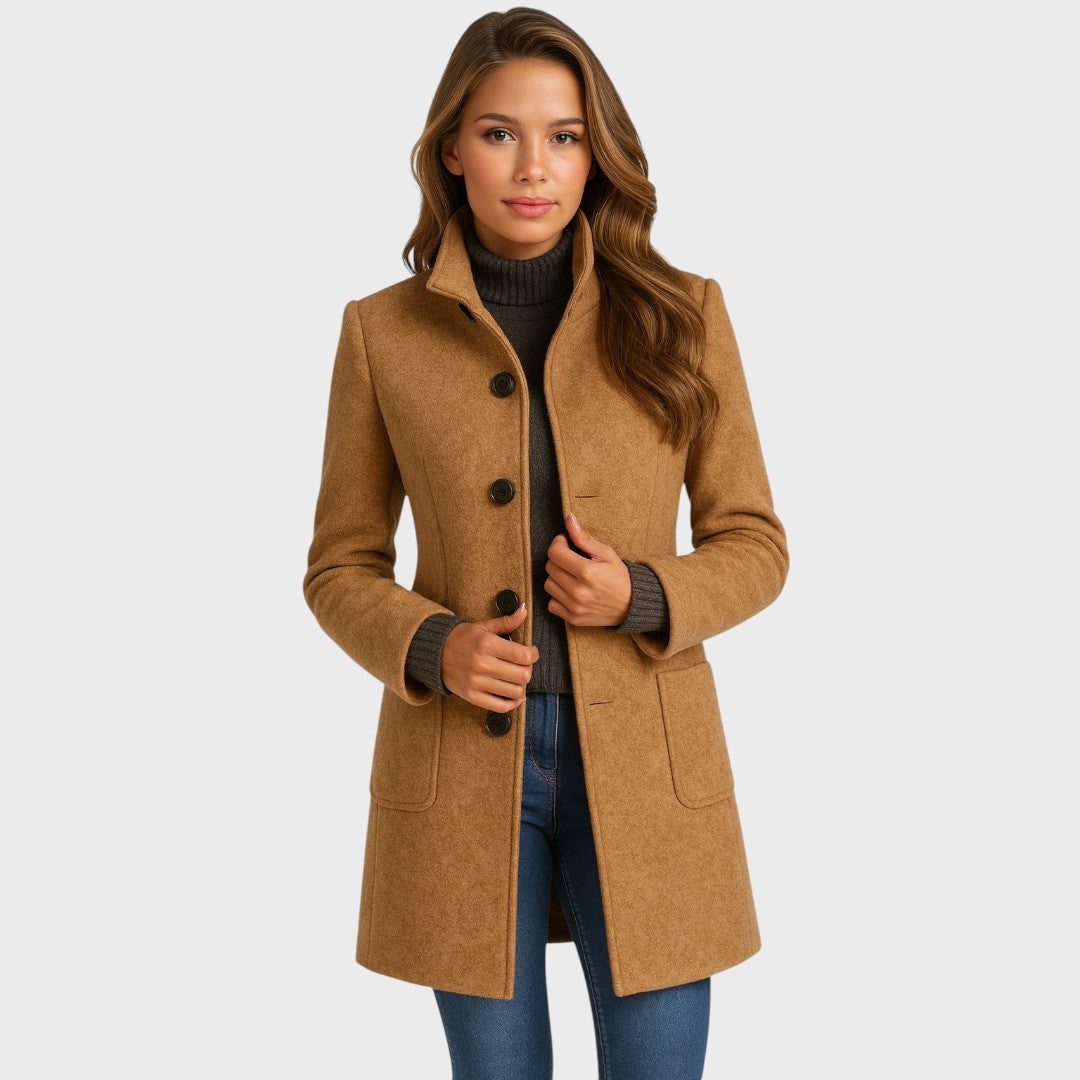 Long Wool-Blend Tailored Coat with Button Closure for Women