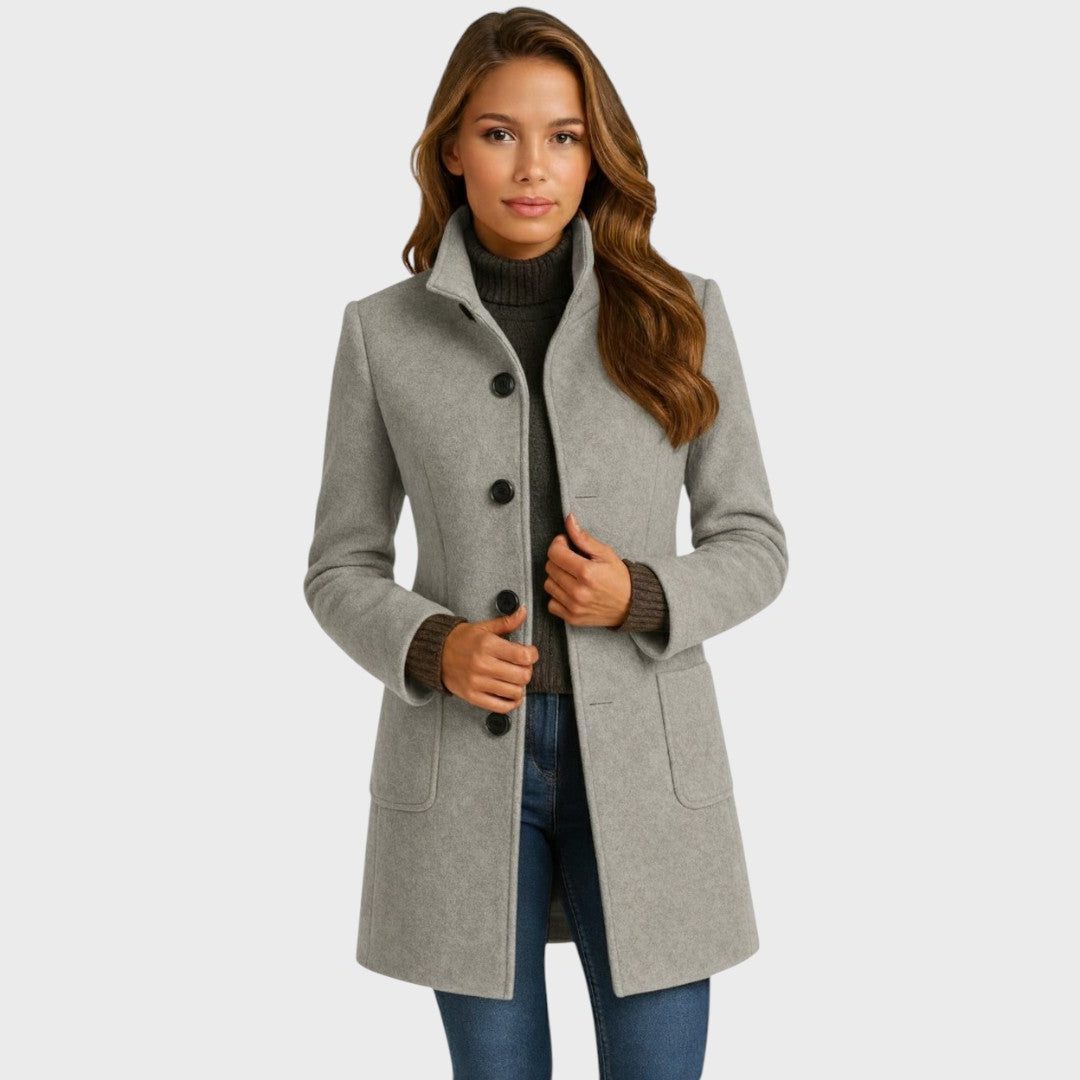 Long Wool-Blend Tailored Coat with Button Closure for Women - Grey