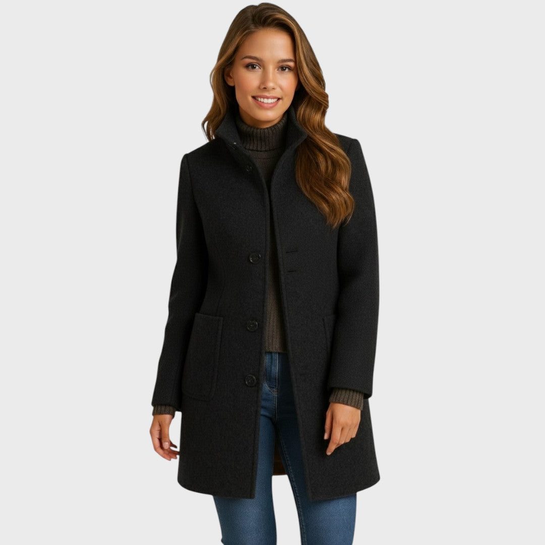 Long Wool-Blend Tailored Coat with Button Closure for Women - Black