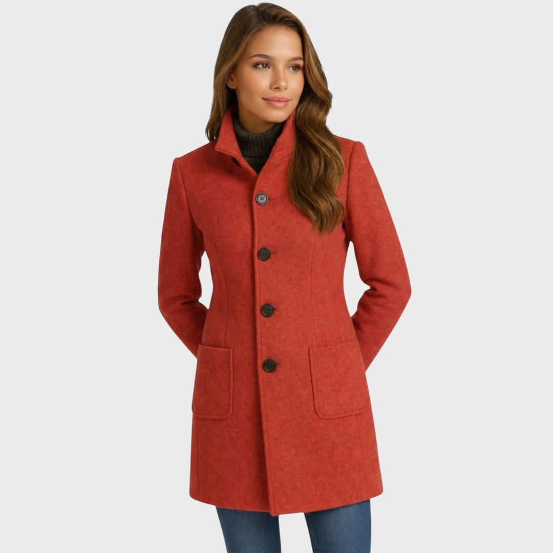 Long Wool-Blend Tailored Coat with Button Closure for Women - Red