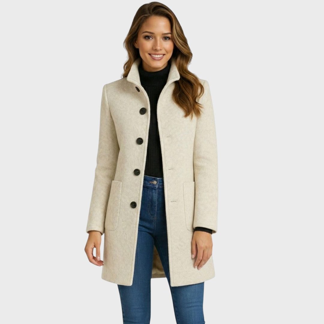Long Wool-Blend Tailored Coat with Button Closure for Women - Cream