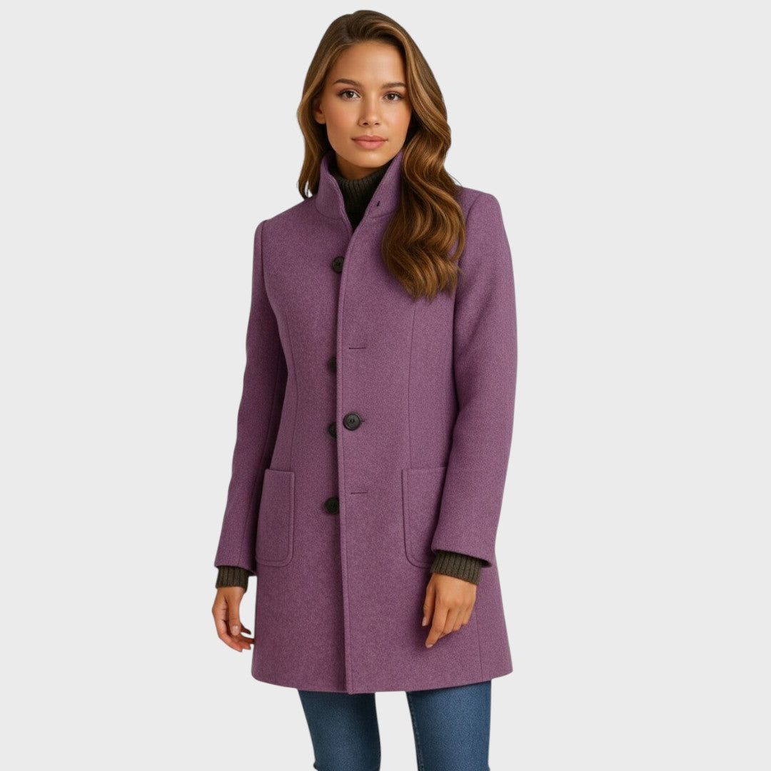 Long Wool-Blend Tailored Coat with Button Closure for Women - Purple