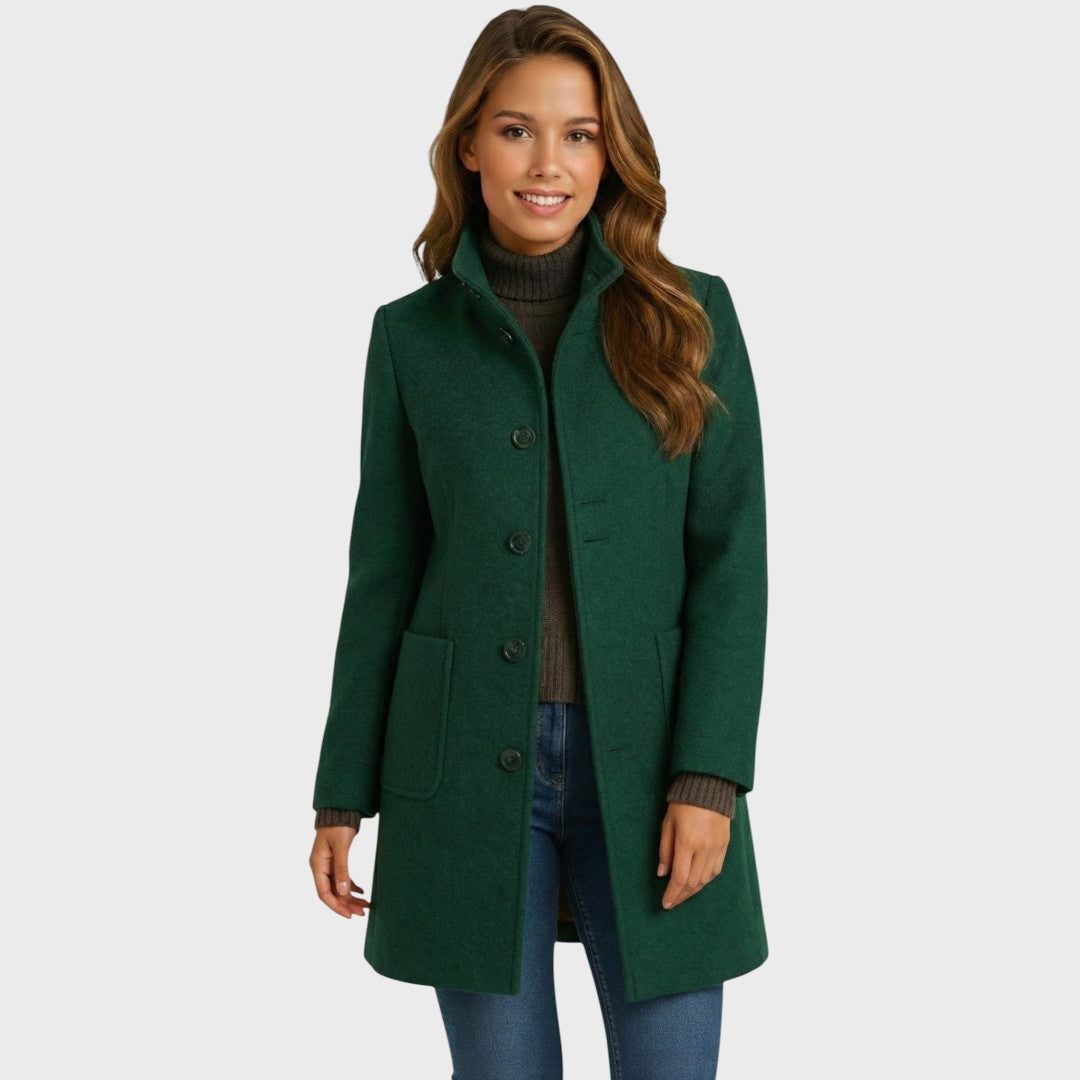 Long Wool-Blend Tailored Coat with Button Closure for Women - Dark Green