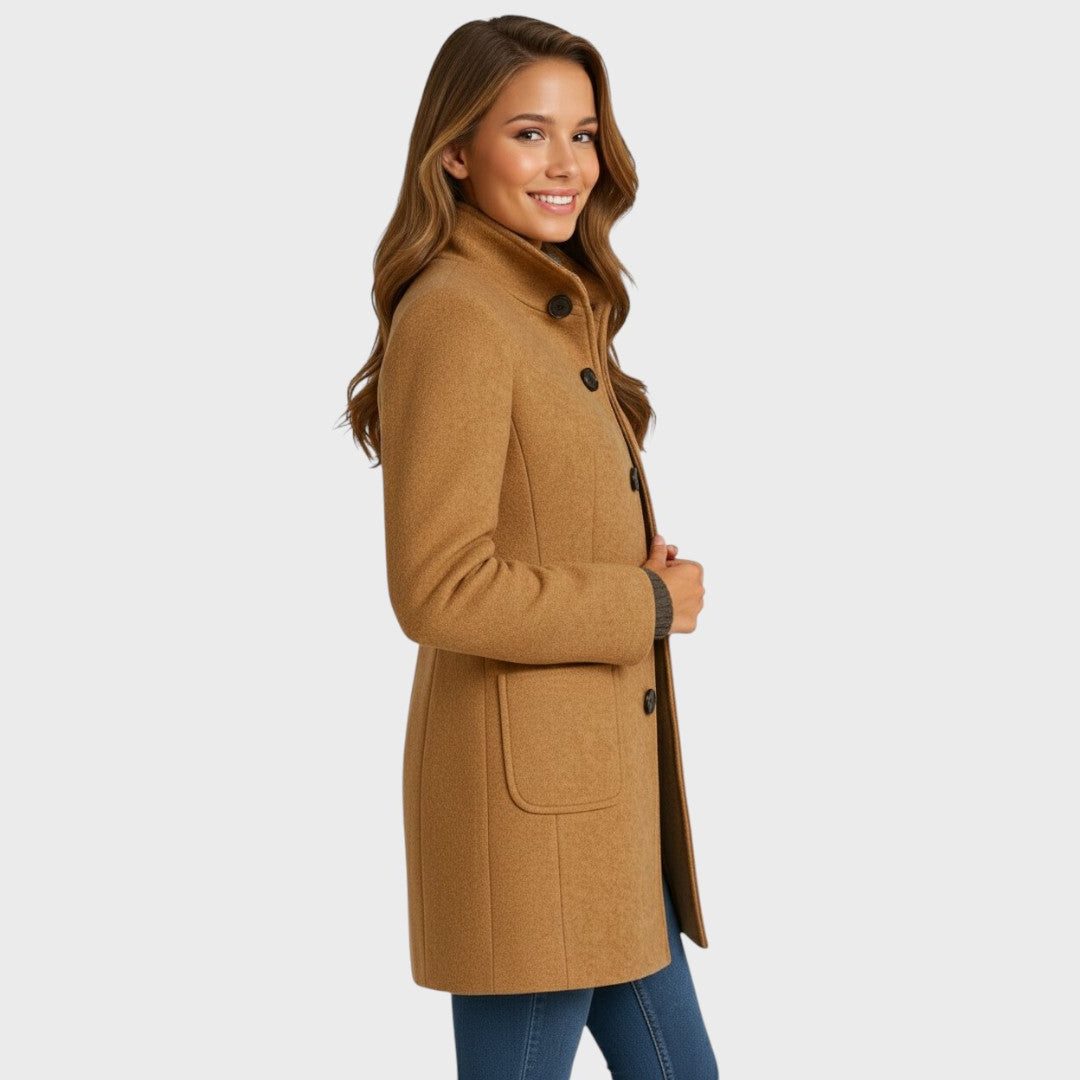 Long Wool-Blend Tailored Coat with Button Closure for Women - View 2