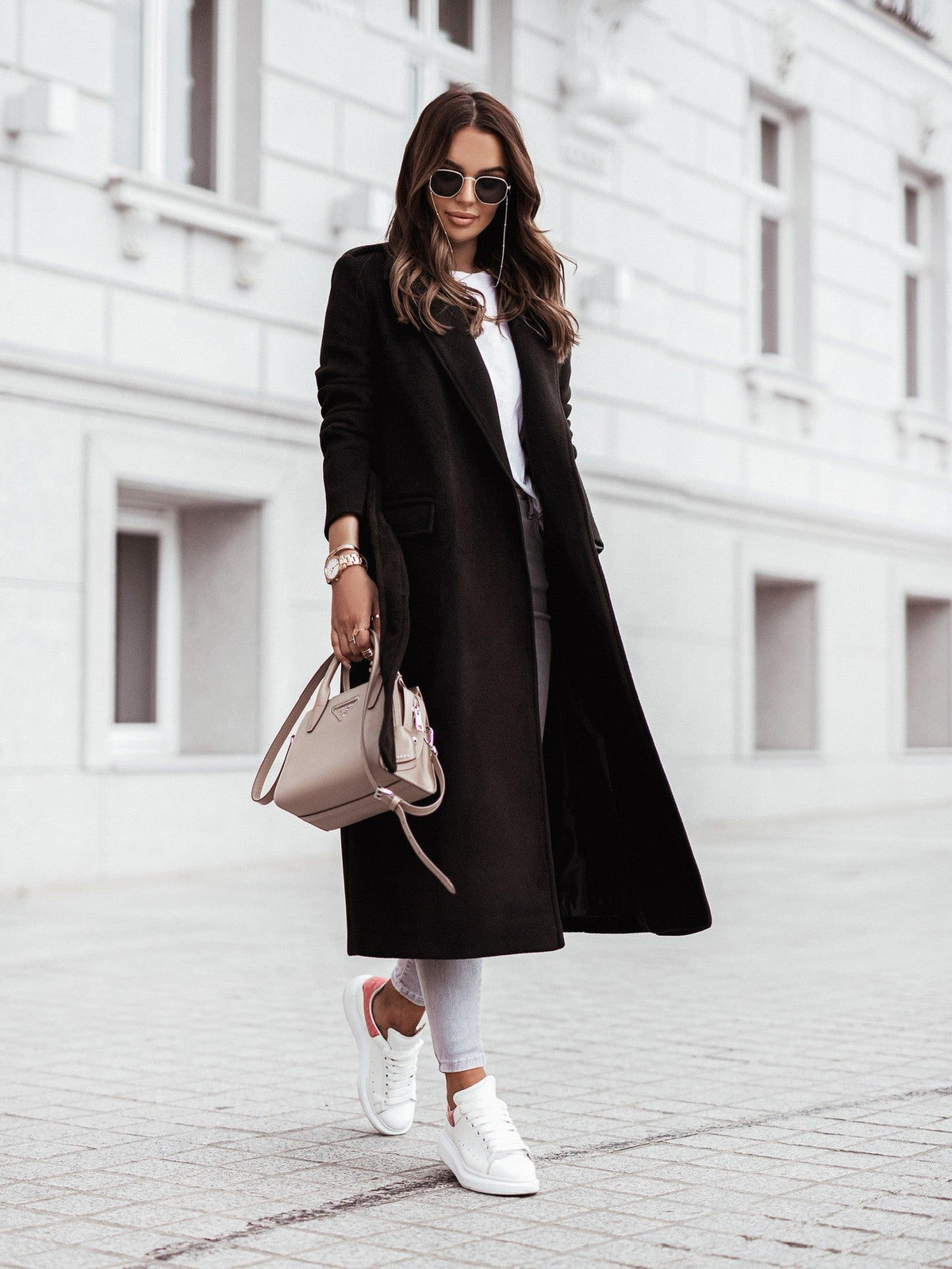 Long Wool Coat for Women - Black