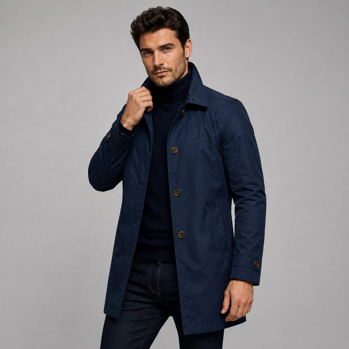 Longline Button Front Coat for Men - Navy