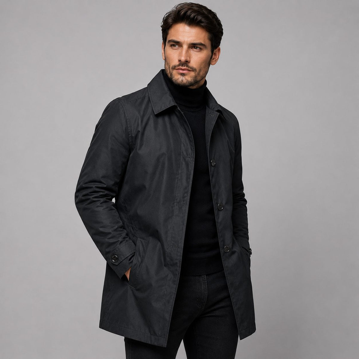 Longline Button Front Coat for Men - Black