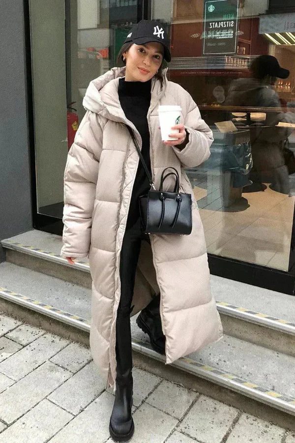 Longline Hooded Puffer Coat for Women - Beige