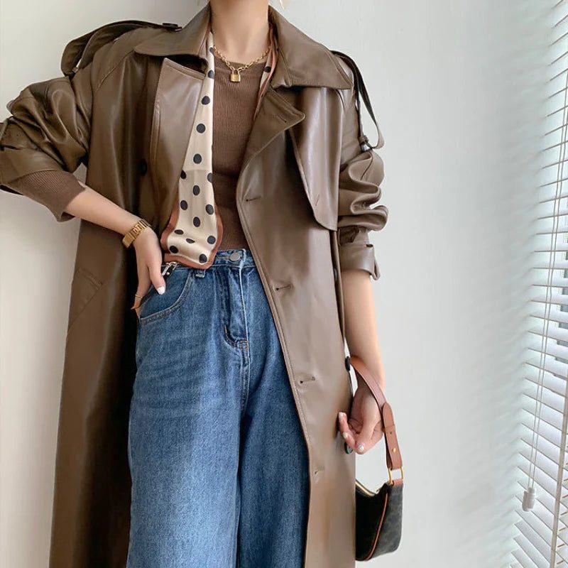 Longline Leather Trench Coat for Women - Coffee