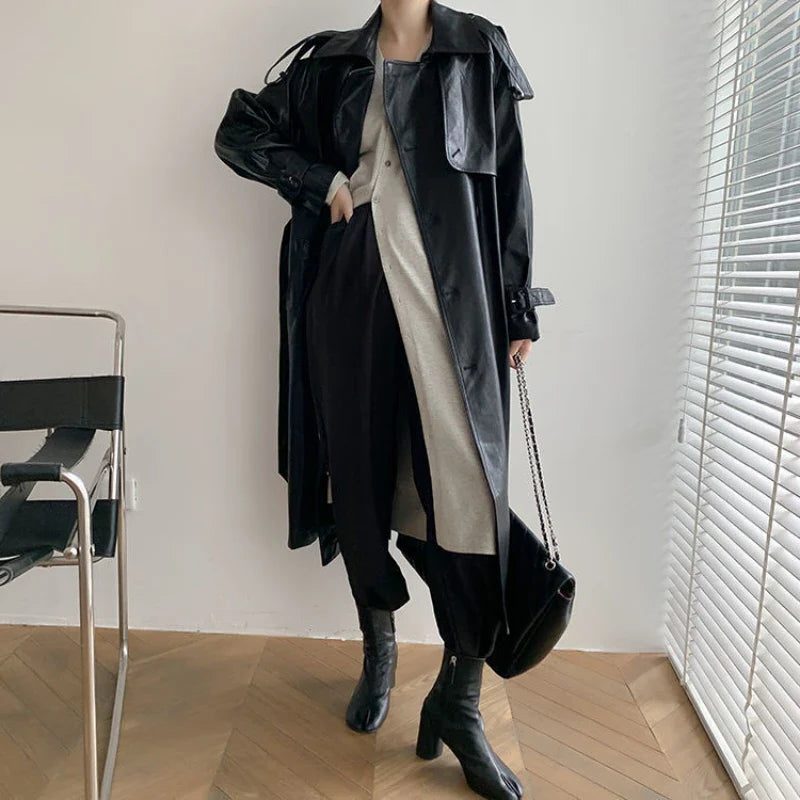 Longline Leather Trench Coat for Women