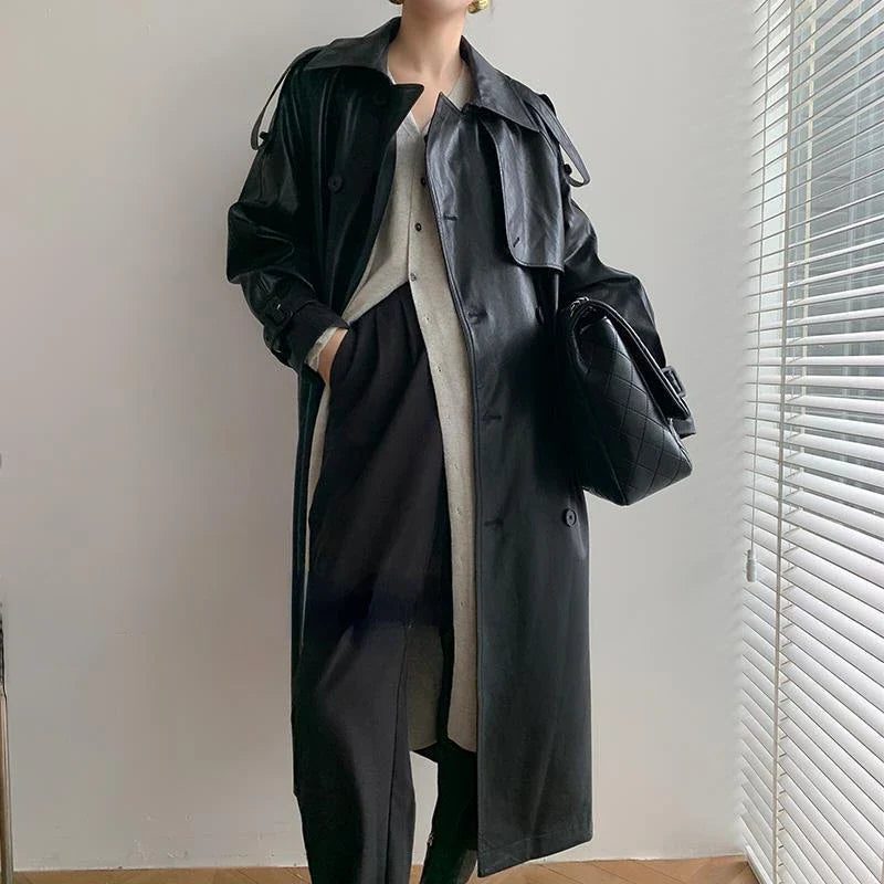 Longline Leather Trench Coat for Women - Black