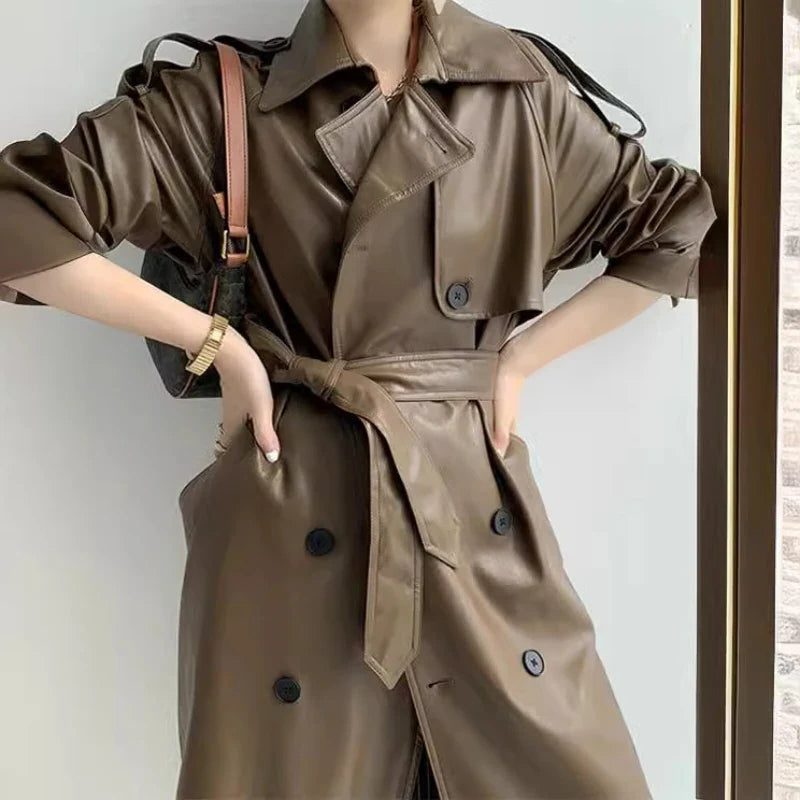 Longline Leather Trench Coat for Women - View 3