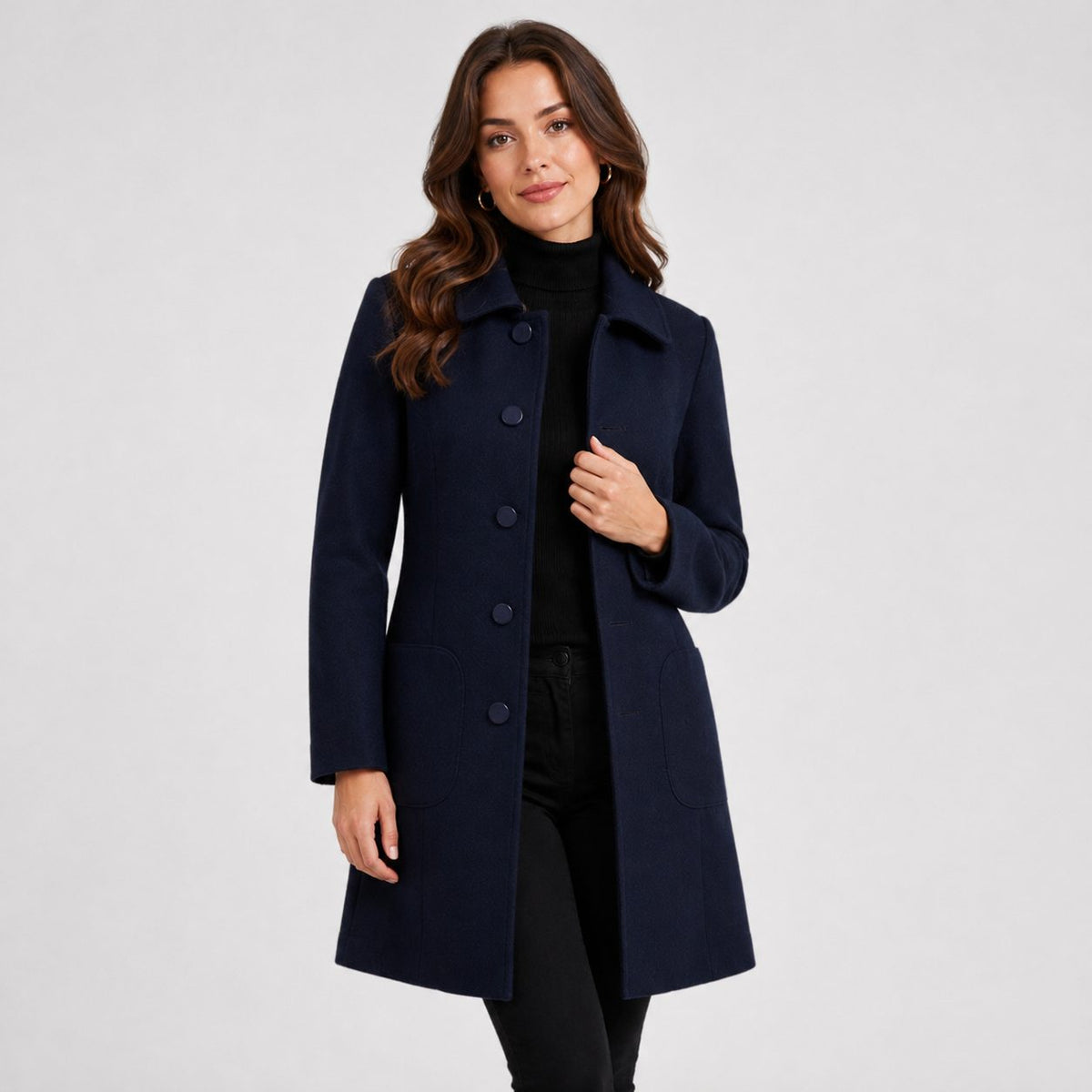 Longline Tailored Wool Coat for Women - Navy